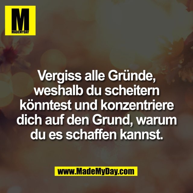 Vergiss alle Gründe,<br />
weshalb du scheitern<br />
könntest und konzentriere<br />
dich auf den Grund, warum<br />
du es schaffen kannst.