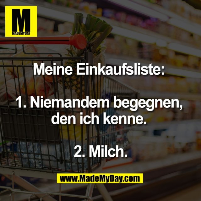 Meine Einkaufsliste: <br />
<br />
1. Niemandem begegnen, <br />
den ich kenne. <br />
<br />
2. Milch.
