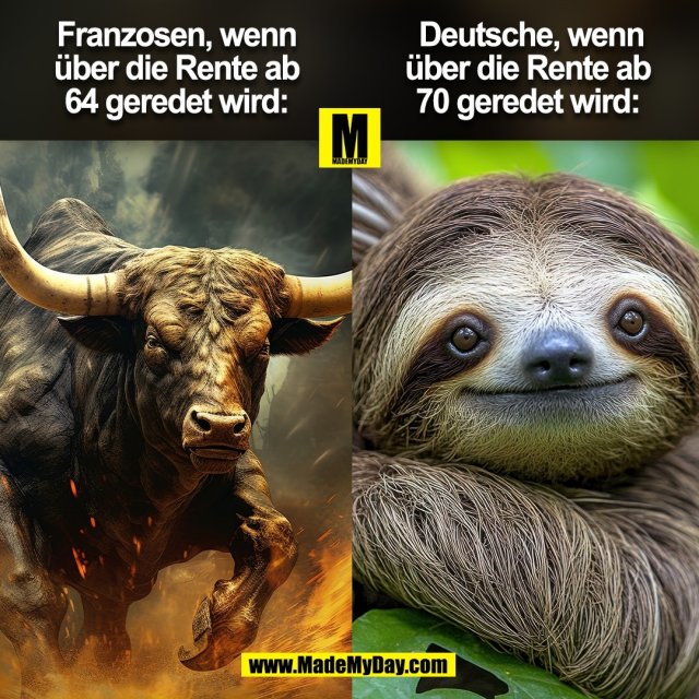 Franzosen, wenn<br />
über die Rente ab<br />
64 geredet wird:<br />
<br />
Deutsche, wenn<br />
über die Rente ab<br />
70 geredet wird:<br />
<br />
<br />
(BILD)
