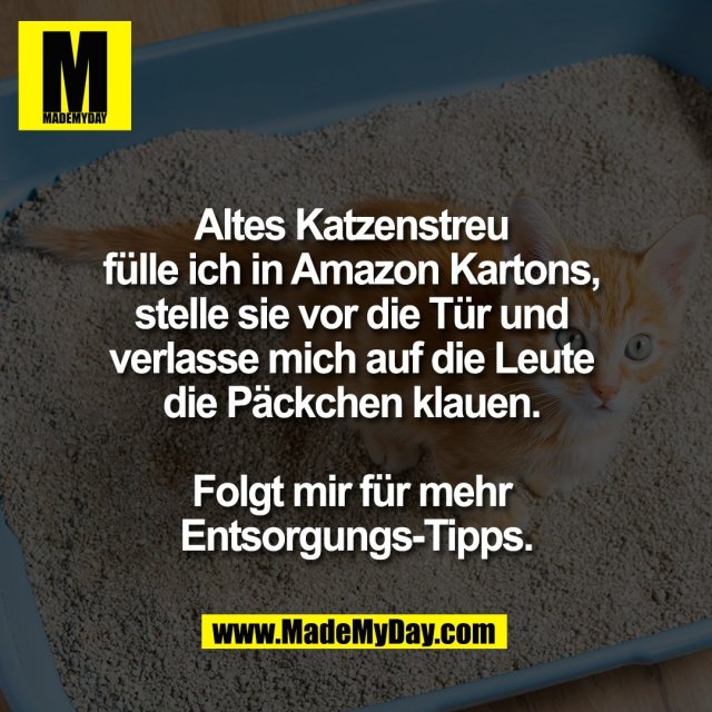 Altes Katzenstreu <br />
fülle ich in Amazon Kartons, <br />
stelle sie vor die Tür und <br />
verlasse mich auf die Leute <br />
die Päckchen klauen. <br />
<br />
Folgt mir für mehr <br />
Entsorgungs-Tipps.