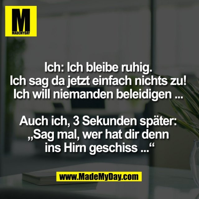 Ich: Ich bleibe ruhig. <br />
Ich sag da jetzt einfach nichts zu! <br />
Ich will niemanden beleidigen ... <br />
<br />
Auch ich, 3 Sekunden später: <br />
„Sag mal, wer hat dir denn <br />
ins Hirn geschiss ...“