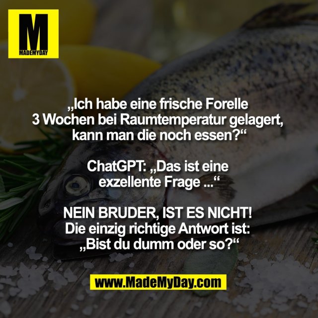 „Ich habe eine frische Forelle <br />
3 Wochen bei Raumtemperatur gelagert, <br />
kann man die noch essen?“<br />
<br />
ChatGPT: „Das ist eine <br />
exzellente Frage ...“<br />
<br />
NEIN BRUDER, IST ES NICHT! <br />
Die einzig richtige Antwort ist: <br />
„Bist du dumm oder so?“