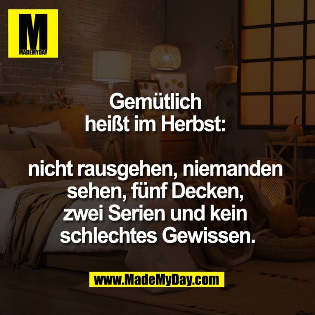 Gemütlich <br />
heißt im Herbst: <br />
<br />
nicht rausgehen, niemanden <br />
sehen, fünf Decken, <br />
zwei Serien und kein <br />
schlechtes Gewissen.