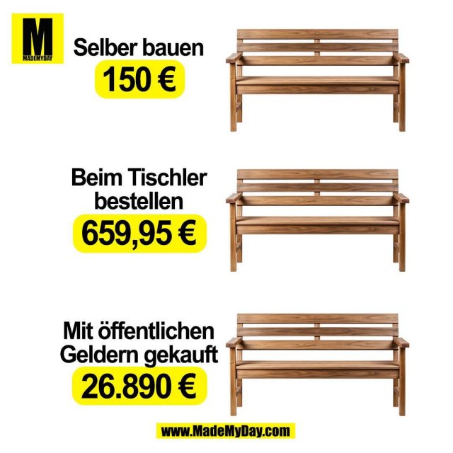 Selber bauen<br />
150 €<br />
<br />
Beim Tischler bestellen<br />
659,95 €<br />
<br />
Mit öffentlichen Geldern gekauft<br />
26.890 €<br />
<br />
(BILD)<br />
