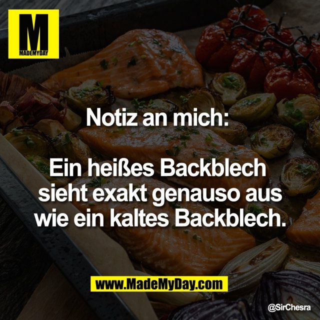 Notiz an mich: <br />
<br />
Ein heißes Backblech <br />
sieht exakt genauso aus<br />
wie ein kaltes Backblech.