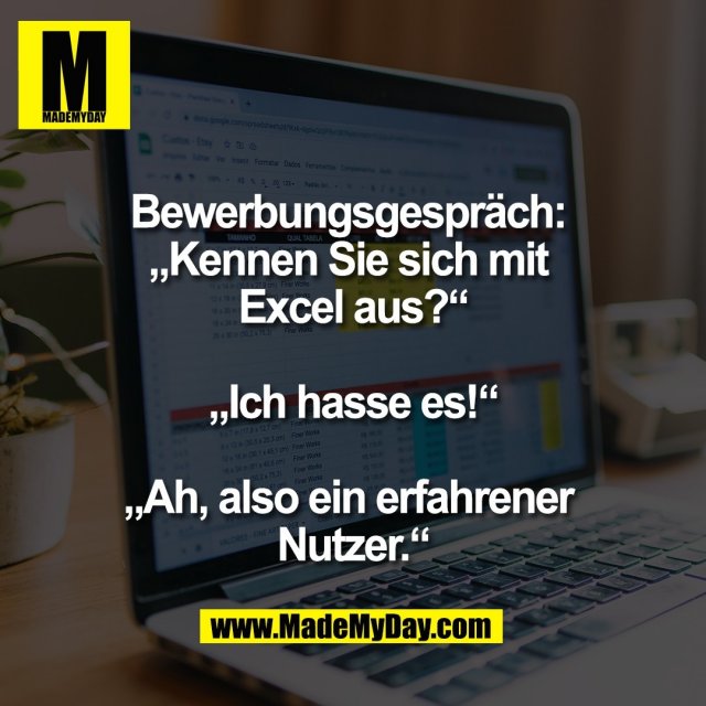 Bewerbungsgespräch: <br />
„Kennen Sie sich mit <br />
Excel aus?“<br />
<br />
„Ich hasse es!“<br />
<br />
„Ah, also ein erfahrener <br />
Nutzer.“