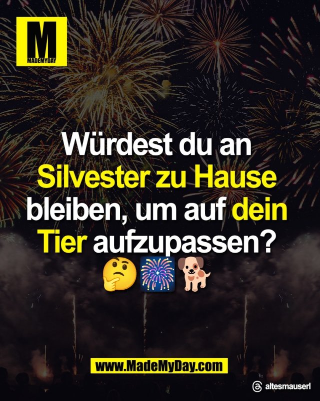 Würdest du an <br />
Silvester zu Hause <br />
bleiben, um auf dein <br />
Tier aufzupassen? <br />
🤔🎆🐕<br />
<br />
Threads: altesmauserl