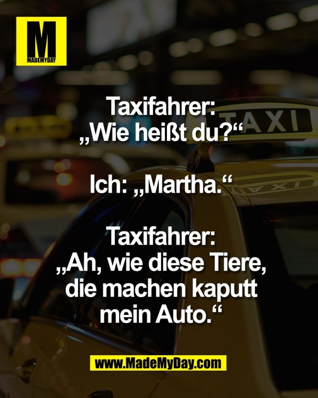 Taxifahrer:<br />
„Wie heißt du?“<br />
<br />
Ich: „Martha.“<br />
<br />
Taxifahrer:<br />
„Ah, wie diese Tiere,<br />
die machen kaputt<br />
mein Auto.“