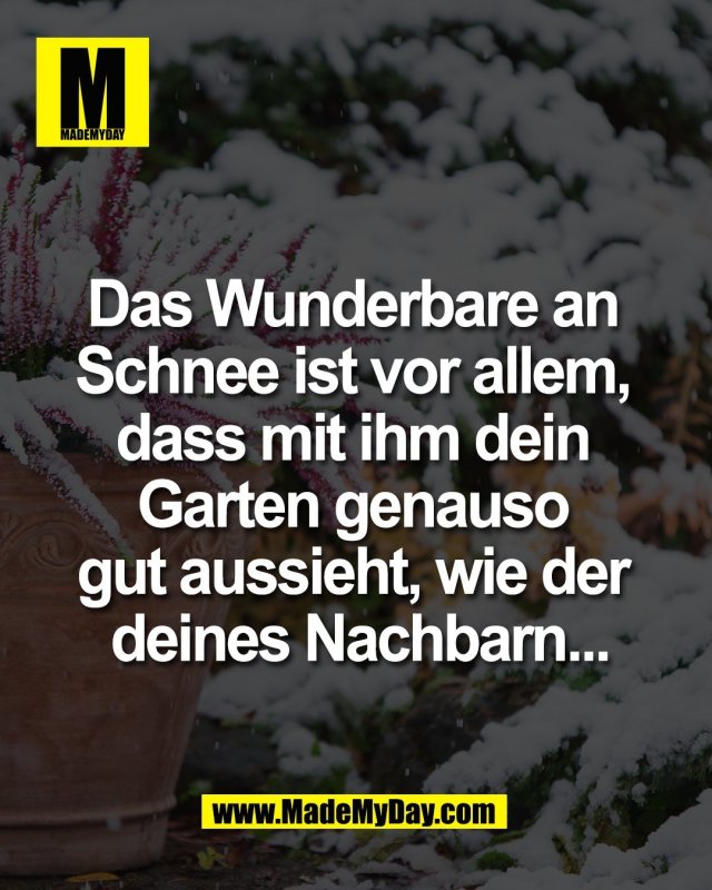 Das Wunderbare an <br />
Schnee ist vor allem, <br />
dass mit ihm dein <br />
Garten genauso <br />
gut aussieht, wie der <br />
deines Nachbarn...