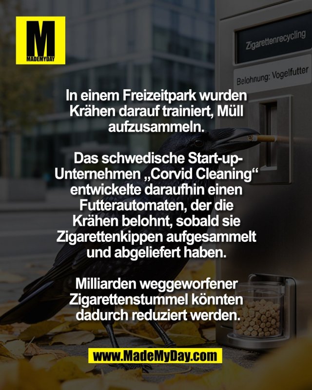 In einem Freizeitpark wurden <br />
Kr&auml;hen darauf trainiert, M&uuml;ll <br />
aufzusammeln. <br />
<br />
Das schwedische Start-up-<br />
Unternehmen &bdquo;Corvid Cleaning&ldquo; <br />
entwickelte daraufhin einen <br />
Futterautomaten, der die <br />
Kr&auml;hen belohnt, sobald sie <br />
Zigarettenkippen aufgesammelt <br />
und abgeliefert haben. <br />
<br />
Milliarden weggeworfener <br />
Zigarettenstummel k&ouml;nnten <br />
dadurch reduziert werden.