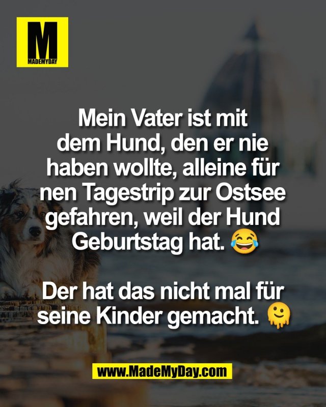 Mein Vater ist mit <br />
dem Hund, den er nie <br />
haben wollte, alleine f&uuml;r <br />
nen Tagestrip zur Ostsee <br />
gefahren, weil der Hund <br />
Geburtstag hat. 😂<br />
<br />
Der hat das nicht mal f&uuml;r <br />
seine Kinder gemacht. 🫠