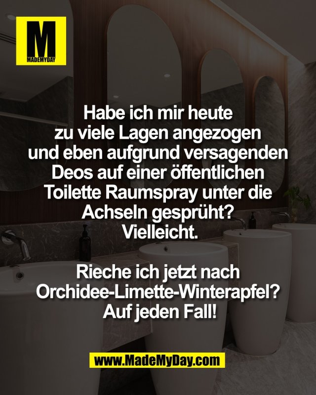 Habe ich mir heute <br />
zu viele Lagen angezogen <br />
und eben aufgrund versagenden <br />
Deos auf einer &ouml;ffentlichen <br />
Toilette Raumspray unter die <br />
Achseln gespr&uuml;ht? <br />
Vielleicht.<br />
<br />
Rieche ich jetzt nach <br />
Orchidee-Limette-Winterapfel? <br />
Auf jeden Fall!
