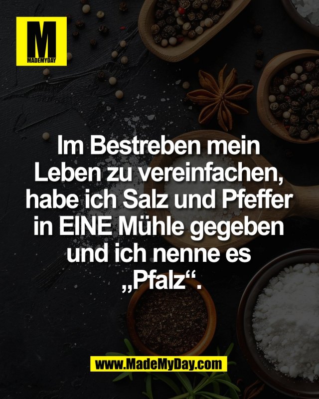 Im Bestreben mein <br />
Leben zu vereinfachen, <br />
habe ich Salz und Pfeffer <br />
in EINE M&uuml;hle gegeben <br />
und ich nenne es &bdquo;Pfalz&ldquo;.