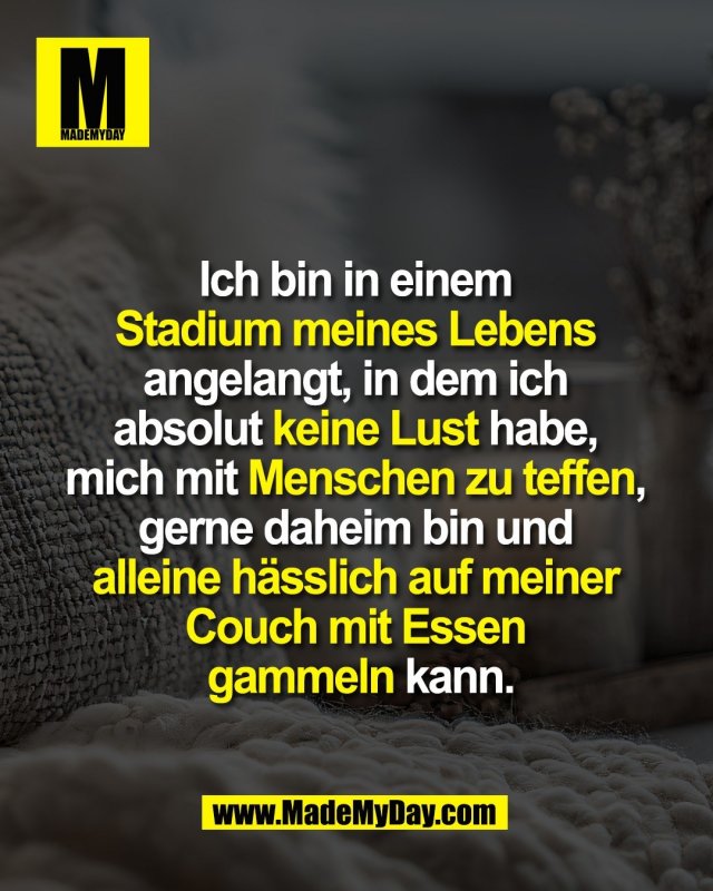 Ich bin in einem <br />
Stadium meines Lebens <br />
angelangt, in dem ich <br />
absolut keine Lust habe, <br />
mich mit Menschen zu teffen, <br />
gerne daheim bin und <br />
alleine h&auml;sslich auf meiner <br />
Couch mit Essen <br />
gammeln kann.