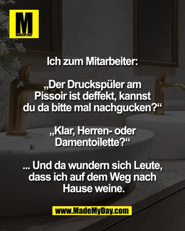 Ich zum Mitarbeiter: <br />
<br />
&bdquo;Der Drucksp&uuml;ler am <br />
Pissoir ist deffekt, kannst <br />
du da bitte mal nachgucken?&ldquo; <br />
<br />
&bdquo;Klar, Herren- oder <br />
Damentoilette?&ldquo; <br />
<br />
... Und da wundern sich Leute, <br />
dass ich auf dem Weg nach <br />
Hause weine.