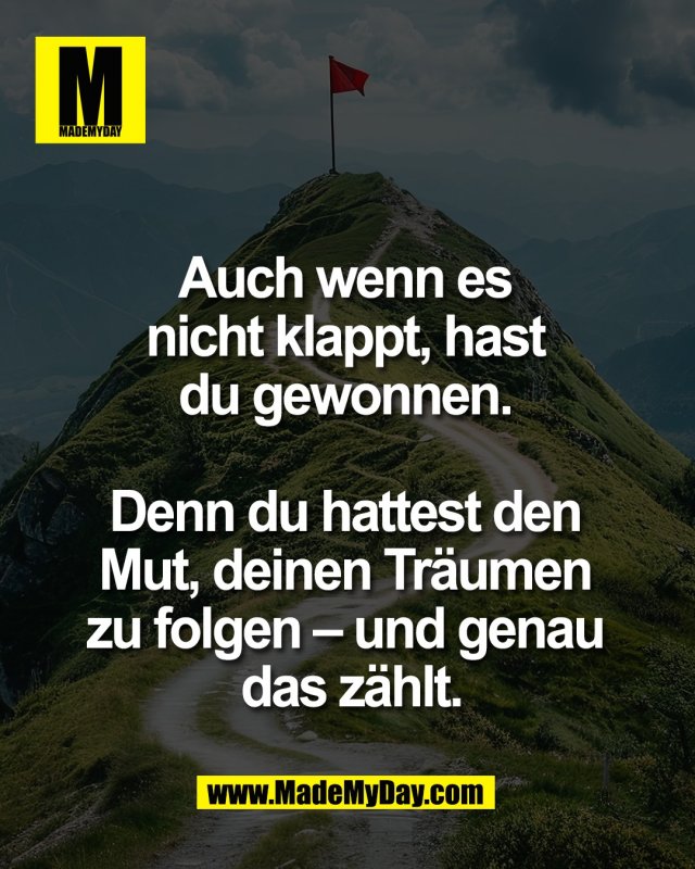 Auch wenn es <br />
nicht klappt, hast <br />
du gewonnen. <br />
<br />
Denn du hattest den <br />
Mut, deinen Tr&auml;umen <br />
zu folgen &ndash; und genau <br />
das z&auml;hlt.