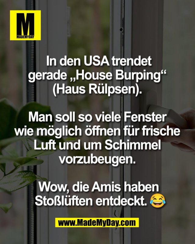 In den USA trendet<br />
gerade &bdquo;House Burping&ldquo; <br />
(Haus R&uuml;lpsen). <br />
<br />
Man soll so viele Fenster <br />
wie m&ouml;glich &ouml;ffnen f&uuml;r frische <br />
Luft und um Schimmel <br />
vorzubeugen. <br />
<br />
Wow, die Amis haben<br />
 Sto&szlig;l&uuml;ften entdeckt. 😂
