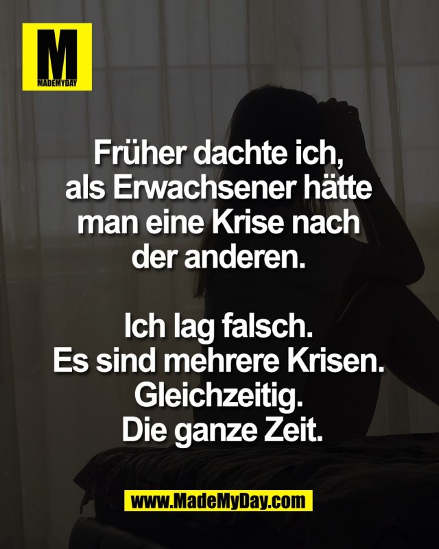 Fr&uuml;her dachte ich, <br />
als Erwachsener h&auml;tte <br />
man eine Krise nach <br />
der anderen. <br />
<br />
Ich lag falsch. <br />
Es sind mehrere Krisen. <br />
Gleichzeitig. <br />
Die ganze Zeit.