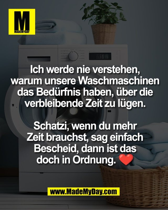 Ich werde nie verstehen,<br />
warum unsere Waschmaschinen<br />
das Bed&uuml;rfnis haben, &uuml;ber die<br />
verbleibende Zeit zu l&uuml;gen.<br />
<br />
Schatzi, wenn du mehr<br />
Zeit brauchst, sag einfach<br />
Bescheid, dann ist das<br />
doch in Ordnung. ❤️