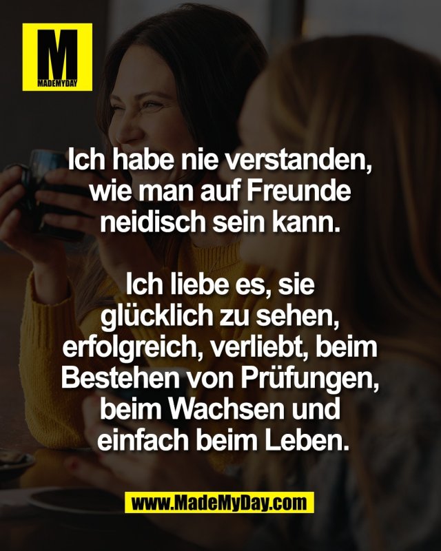 Ich habe nie verstanden, <br />
wie man auf Freunde <br />
neidisch sein kann. <br />
<br />
Ich liebe es, sie <br />
gl&uuml;cklich zu sehen, <br />
erfolgreich, verliebt, beim <br />
Bestehen von Pr&uuml;fungen, <br />
beim Wachsen und <br />
einfach beim Leben.