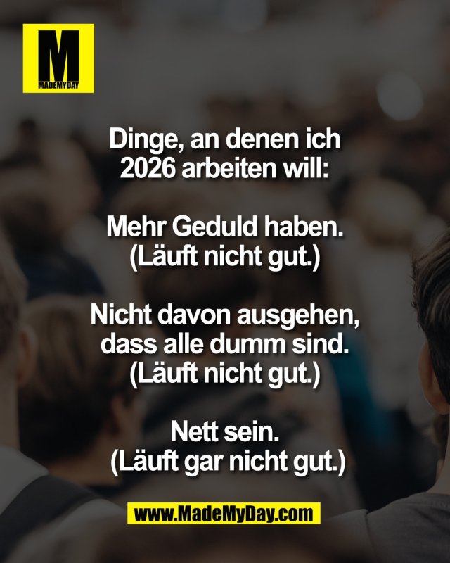 Dinge, an denen ich <br />
2026 arbeiten will: <br />
<br />
Mehr Geduld haben. <br />
(L&auml;uft nicht gut.) <br />
<br />
Nicht davon ausgehen, <br />
dass alle dumm sind. <br />
(L&auml;uft nicht gut.) <br />
<br />
Nett sein. <br />
(L&auml;uft gar nicht gut.)