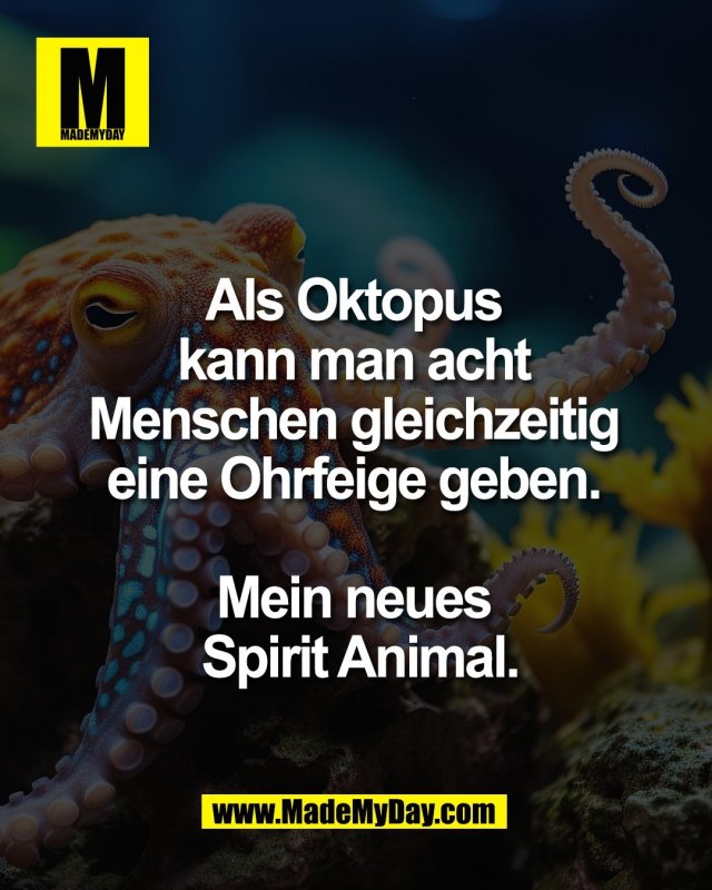 Als Oktopus <br />
kann man acht <br />
Menschen gleichzeitig <br />
eine Ohrfeige geben. <br />
<br />
Mein neues <br />
Spirit Animal.