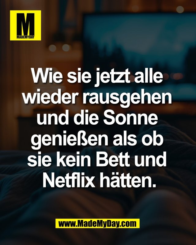 Wie sie jetzt alle <br />
wieder rausgehen <br />
und die Sonne <br />
genie&szlig;en als ob <br />
sie kein Bett und <br />
Netflix h&auml;tten.