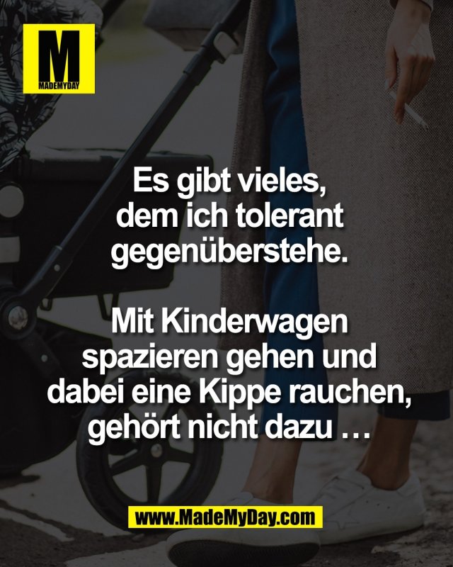 Es gibt vieles,<br />
dem ich tolerant<br />
gegen&uuml;berstehe.<br />
<br />
Mit Kinderwagen<br />
spazieren gehen und<br />
dabei eine Kippe rauchen,<br />
geh&ouml;rt nicht dazu &hellip;