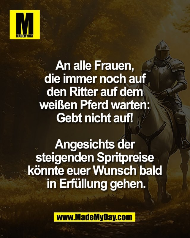 An alle Frauen, <br />
die immer noch auf <br />
den Ritter auf dem <br />
wei&szlig;en Pferd warten: <br />
Gebt nicht auf! <br />
<br />
Angesichts der <br />
steigenden Spritpreise <br />
k&ouml;nnte euer Wunsch bald <br />
in Erf&uuml;llung gehen.