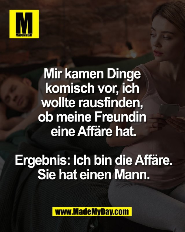 Mir kamen Dinge <br />
komisch vor, ich <br />
wollte rausfinden, <br />
ob meine Freundin <br />
eine Aff&auml;re hat.<br />
<br />
Ergebnis: Ich bin die Aff&auml;re.<br />
Sie hat einen Mann.