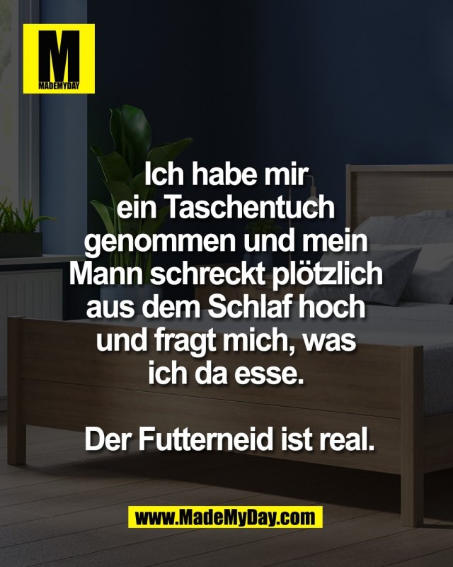 Ich habe mir <br />
ein Taschentuch <br />
genommen und mein <br />
Mann schreckt pl&ouml;tzlich <br />
aus dem Schlaf hoch <br />
und fragt mich, was <br />
ich da esse. <br />
<br />
Der Futterneid ist real.