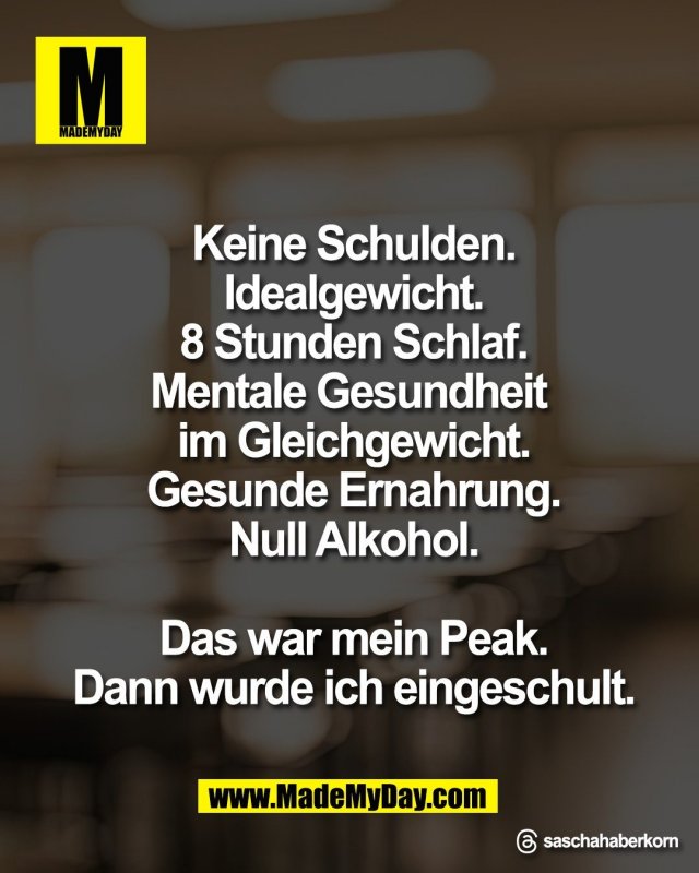 Keine Schulden.<br />
Idealgewicht.<br />
8 Stunden Schlaf.<br />
Mentale Gesundheit <br />
im Gleichgewicht.<br />
Gesunde Ernahrung.<br />
Null Alkohol.<br />
<br />
Das war mein Peak.<br />
Dann wurde ich eingeschult.<br />
<br />
Threads: saschahaberkorn