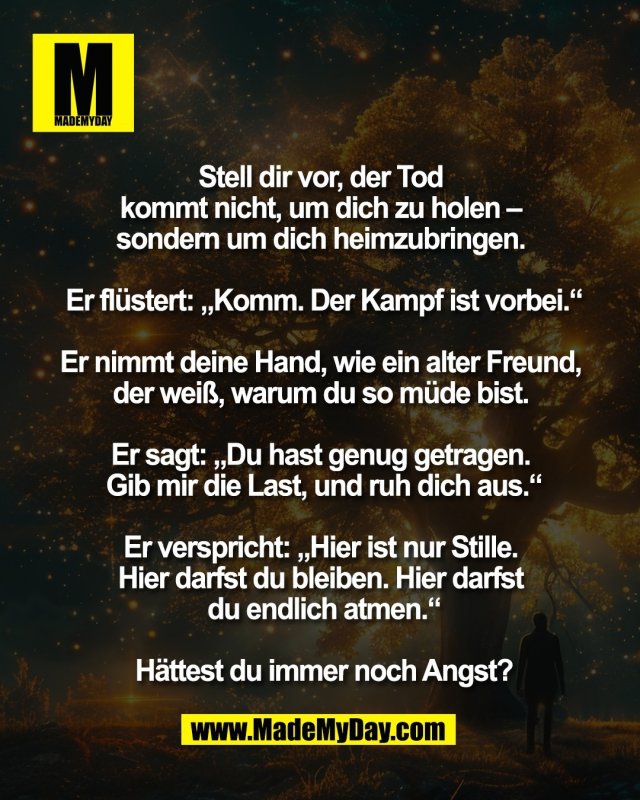 Stell dir vor, der Tod <br />
kommt nicht, um dich zu holen &ndash; <br />
sondern um dich heimzubringen. <br />
<br />
Er fl&uuml;stert: &bdquo;Komm. Der Kampf ist vorbei.&ldquo;<br />
<br />
Er nimmt deine Hand, wie ein alter Freund, <br />
der wei&szlig;, warum du so m&uuml;de bist. <br />
<br />
Er sagt: &bdquo;Du hast genug getragen. <br />
Gib mir die Last, und ruh dich aus.&ldquo;<br />
<br />
Er verspricht: &bdquo;Hier ist nur Stille. <br />
Hier darfst du bleiben. Hier darfst <br />
du endlich atmen.&ldquo;<br />
<br />
H&auml;ttest du immer noch Angst?
