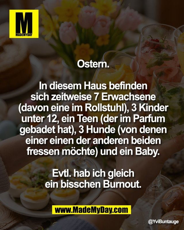 Ostern.<br />
<br />
In diesem Haus befinden<br />
sich zeitweise 7 Erwachsene<br />
(davon eine im Rollstuhl), 3 Kinder<br />
unter 12, ein Teen (der im Parfum<br />
gebadet hat), 3 Hunde (von denen<br />
einer einen der anderen beiden<br />
fressen m&ouml;chte) und ein Baby.<br />
<br />
Evtl. hab ich gleich<br />
ein bisschen Burnout.