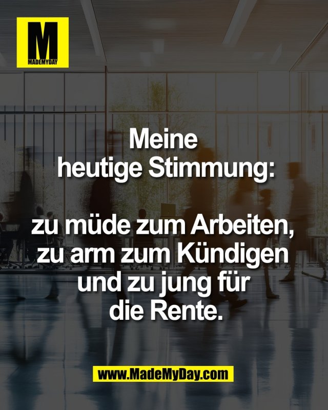 Meine <br />
heutige Stimmung:<br />
 <br />
zu m&uuml;de zum Arbeiten, <br />
zu arm zum K&uuml;ndigen <br />
und zu jung f&uuml;r <br />
die Rente.