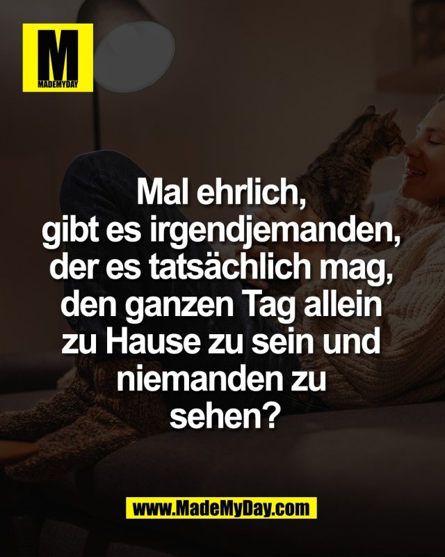 Mal ehrlich, <br />
gibt es irgendjemanden, <br />
der es tats&auml;chlich mag, <br />
den ganzen Tag allein <br />
zu Hause zu sein und <br />
niemanden zu <br />
sehen?