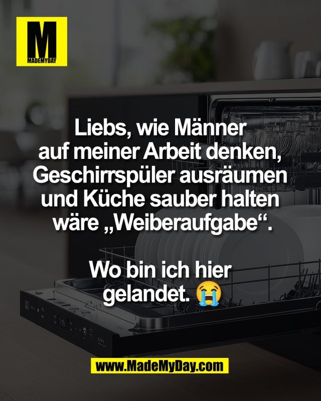 Liebs, wie M&auml;nner <br />
auf meiner Arbeit denken, <br />
Geschirrsp&uuml;ler ausr&auml;umen <br />
und K&uuml;che sauber halten <br />
w&auml;re &bdquo;Weiberaufgabe&ldquo;.<br />
<br />
Wo bin ich hier <br />
gelandet. 😭