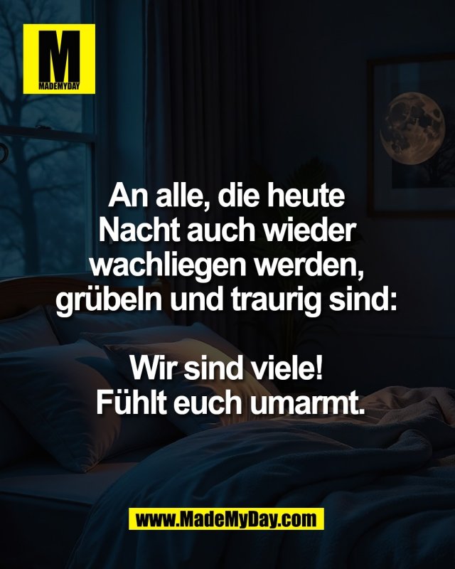 An alle, die heute <br />
Nacht auch wieder <br />
wachliegen werden, <br />
gr&uuml;beln und traurig sind: <br />
<br />
Wir sind viele! <br />
F&uuml;hlt euch umarmt.