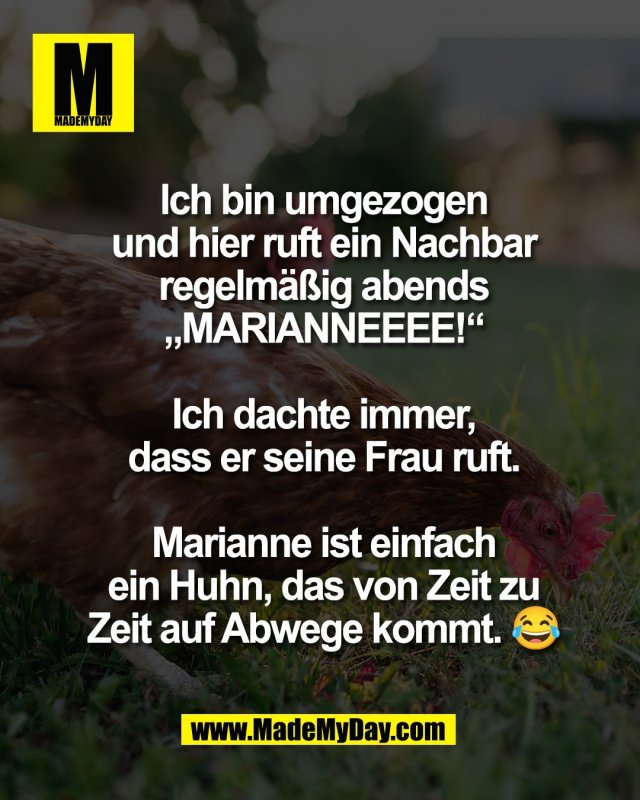 Ich bin umgezogen<br />
und hier ruft ein Nachbar<br />
regelm&auml;&szlig;ig abends<br />
&bdquo;MARIANNEEEE!&ldquo;<br />
<br />
Ich dachte immer,<br />
dass er seine Frau ruft.<br />
<br />
Marianne ist einfach<br />
ein Huhn, das von Zeit zu<br />
Zeit auf Abwege kommt. 😂