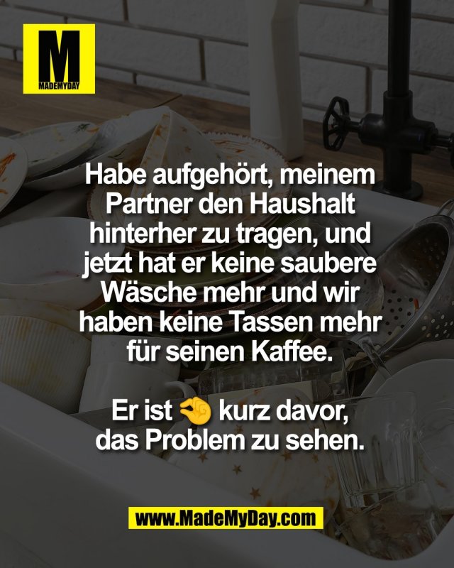 Habe aufgeh&ouml;rt, meinem<br />
Partner den Haushalt<br />
hinterher zu tragen, und<br />
jetzt hat er keine saubere<br />
W&auml;sche mehr und wir<br />
haben keine Tassen mehr<br />
f&uuml;r seinen Kaffee.<br />
<br />
Er ist 🤏 kurz davor,<br />
das Problem zu sehen.
