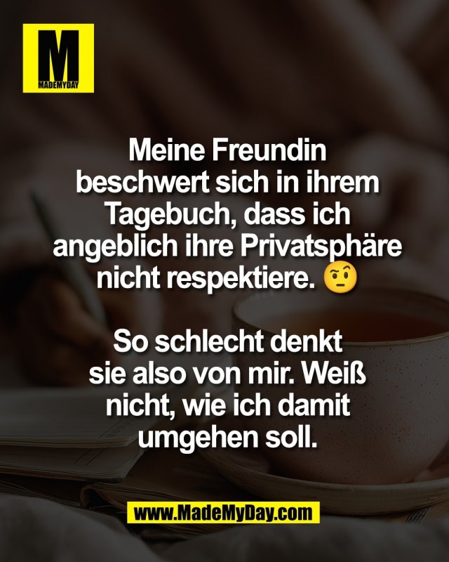 Meine Freundin<br />
beschwert sich in ihrem<br />
Tagebuch, dass ich<br />
angeblich ihre Privatsph&auml;re<br />
nicht respektiere. 🤨<br />
<br />
So schlecht denkt<br />
sie also von mir. Wei&szlig;<br />
nicht, wie ich damit<br />
umgehen soll.
