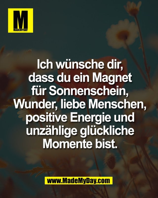 Ich w&uuml;nsche dir,<br />
dass du ein Magnet<br />
f&uuml;r Sonnenschein,<br />
Wunder, liebe Menschen,<br />
positive Energie und<br />
unz&auml;hlige gl&uuml;ckliche<br />
Momente bist.