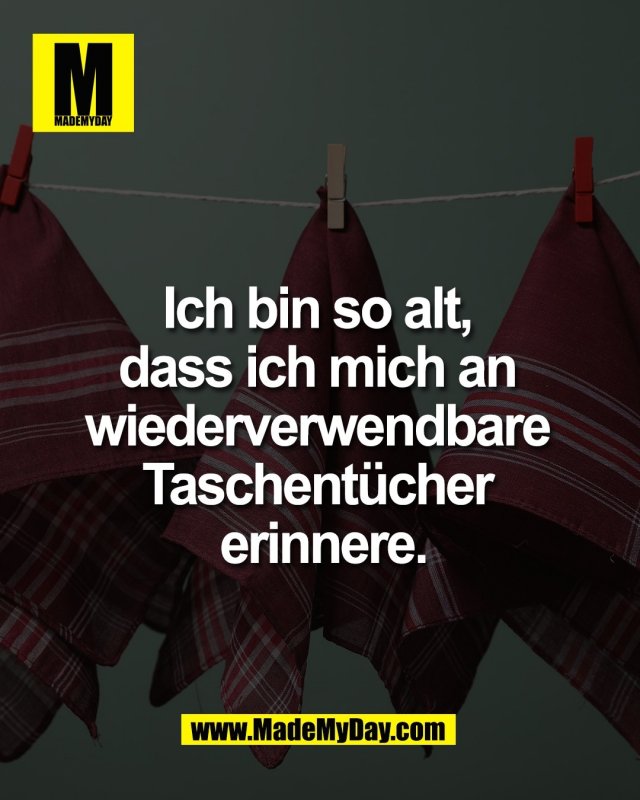 Ich bin so alt, <br />
dass ich mich an <br />
wiederverwendbare <br />
Taschent&uuml;cher <br />
erinnere.<br />
