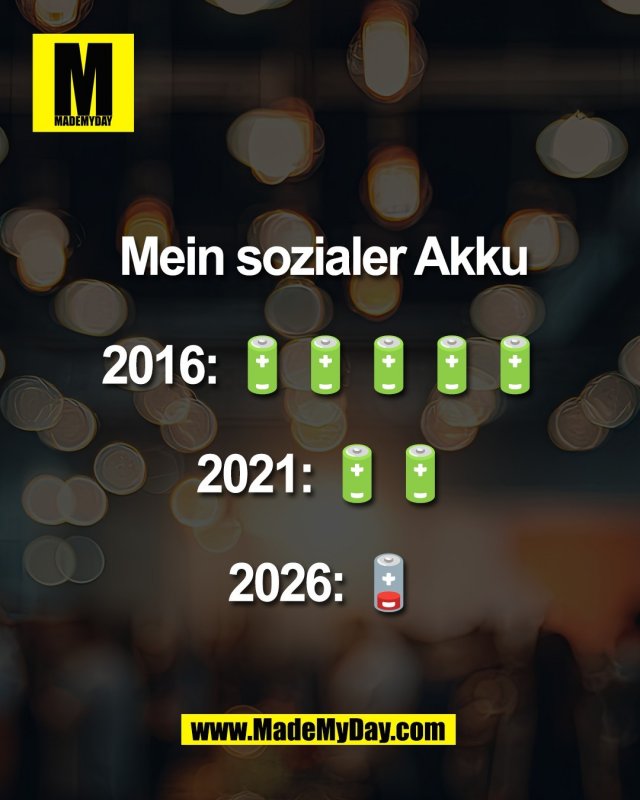 Mein sozialer Akku<br />
<br />
2016: 🔋🔋🔋🔋🔋<br />
<br />
2021: 🔋🔋<br />
<br />
2026: 🪫