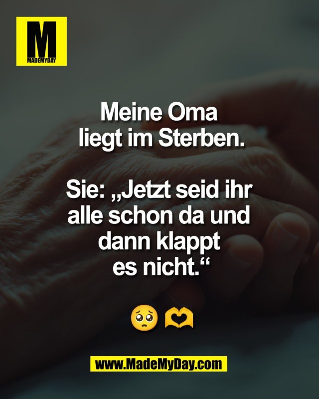 Meine Oma <br />
liegt im Sterben.<br />
<br />
Sie: &bdquo;Jetzt seid ihr <br />
alle schon da und <br />
dann klappt <br />
es nicht.&ldquo;<br />
<br />
🥺 🫶