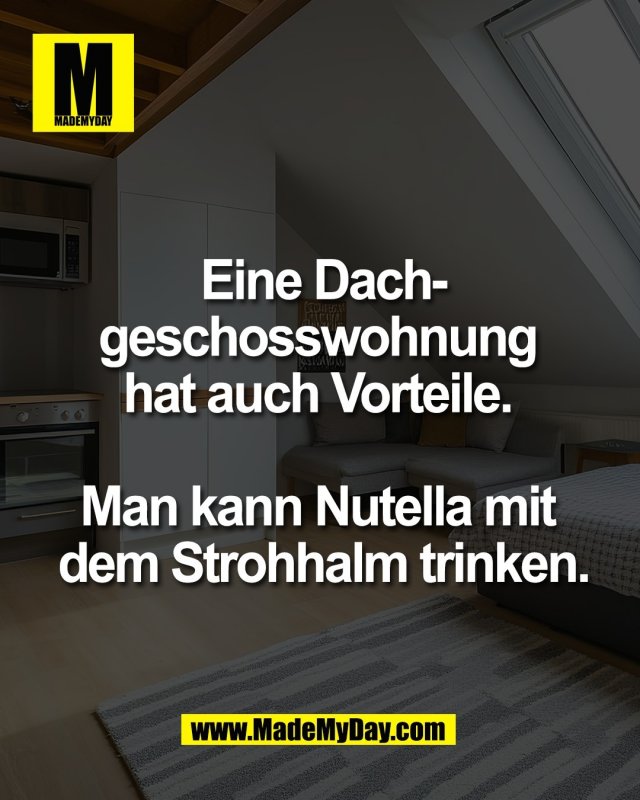 Eine Dach-<br />
geschosswohnung <br />
hat auch Vorteile. <br />
<br />
Man kann Nutella mit <br />
dem Strohhalm trinken.