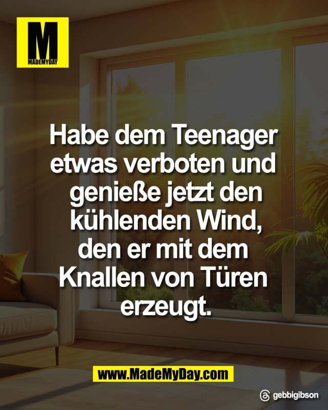 Habe dem Teenager <br />
etwas verboten und <br />
genie&szlig;e jetzt den<br />
k&uuml;hlenden Wind,<br />
den er mit dem <br />
Knallen von T&uuml;ren <br />
erzeugt.<br />
<br />
Threads: gebbigibson