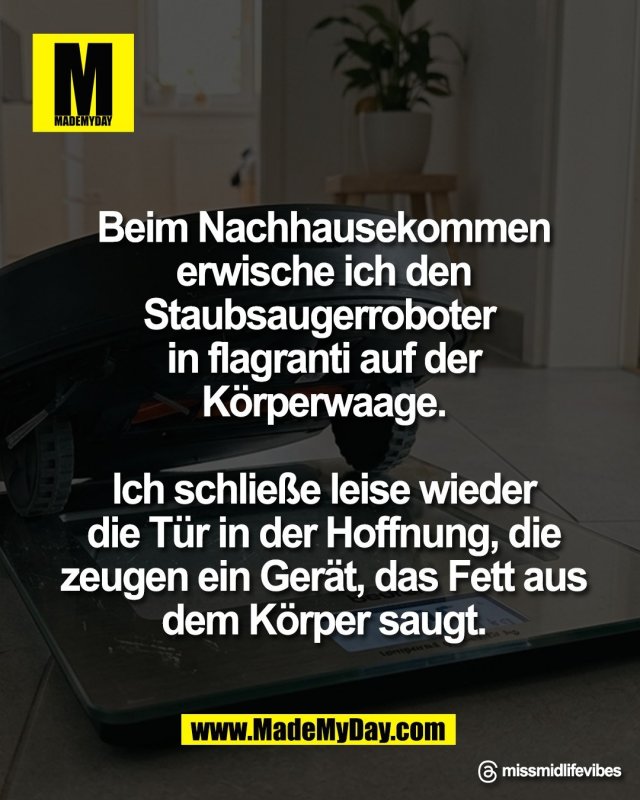 Beim Nachhausekommen<br />
erwische ich den<br />
Staubsaugerroboter in<br />
flagranti auf der<br />
K&ouml;rperwaage.<br />
<br />
Ich schlie&szlig;e leise wieder<br />
die T&uuml;r in der Hoffnung, die<br />
zeugen ein Ger&auml;t, das Fett aus<br />
dem K&ouml;rper saugt.<br />
<br />
Threads: missmidlifevibes