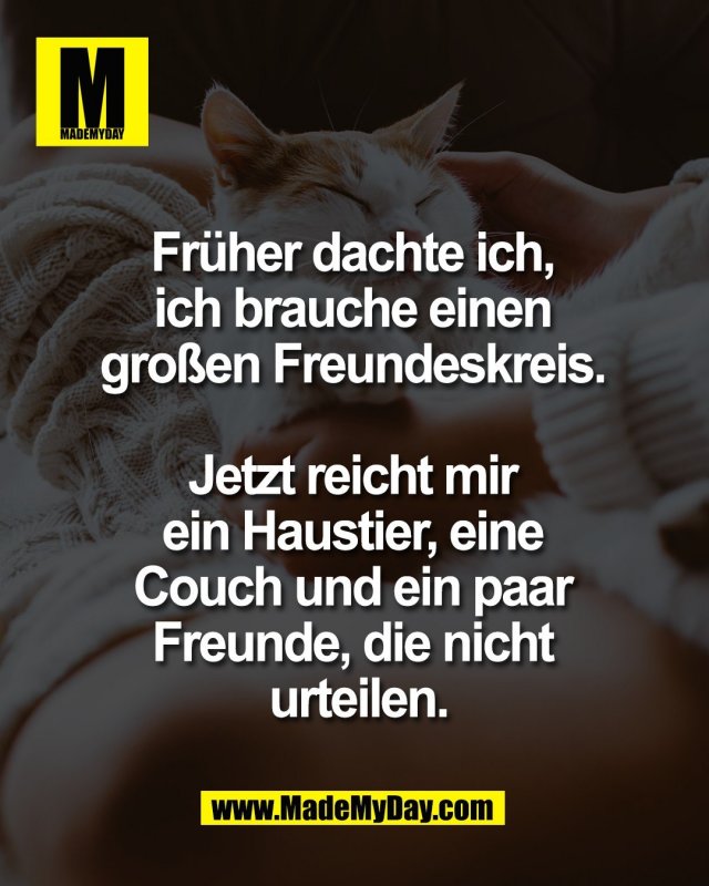 Fr&uuml;her dachte ich, <br />
ich brauche einen <br />
gro&szlig;en Freundeskreis. <br />
<br />
Jetzt reicht mir <br />
ein Haustier, eine <br />
Couch und ein paar <br />
Freunde, die nicht <br />
urteilen.