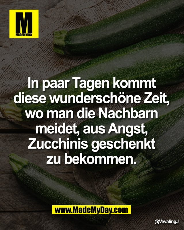 In paar Tagen kommt <br />
diese wundersch&ouml;ne Zeit, <br />
wo man die Nachbarn <br />
meidet, aus Angst, Zucchinis <br />
geschenkt zu bekommen.